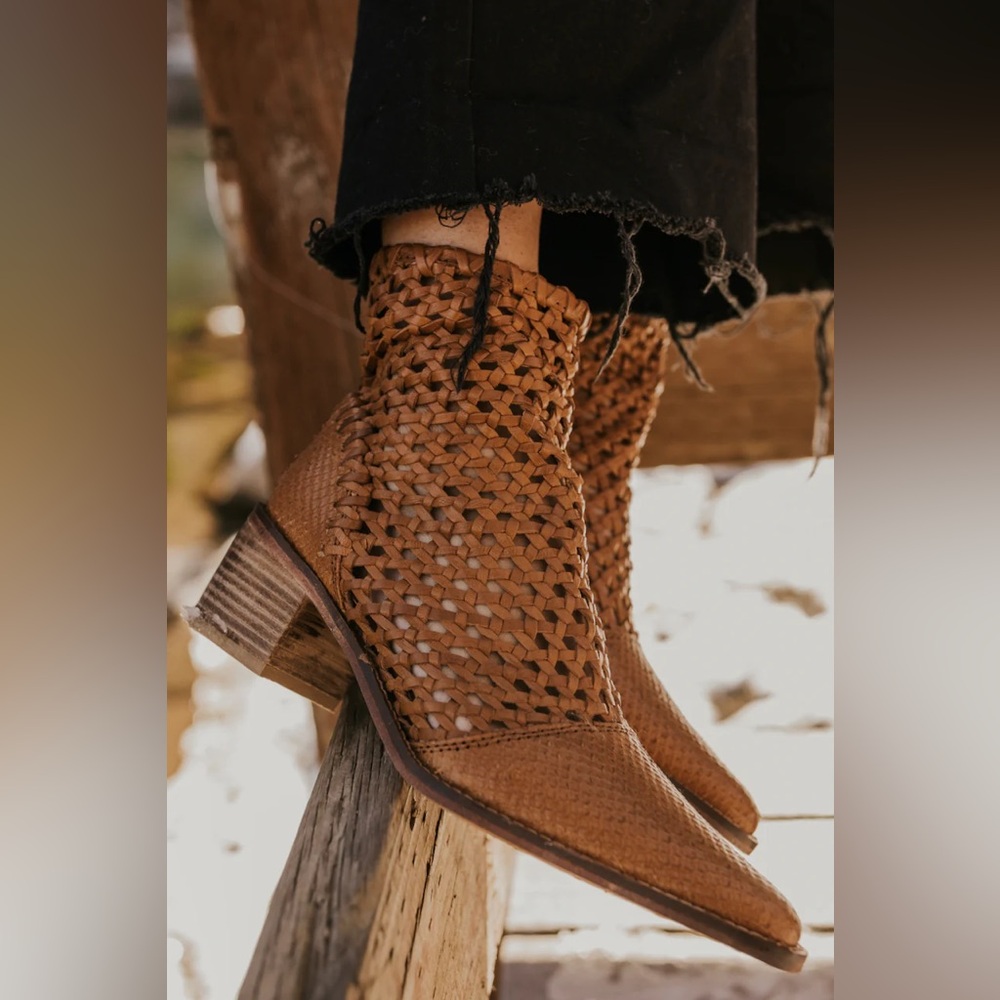 Free People Tan Woven Leather Heeled Ankle Boots